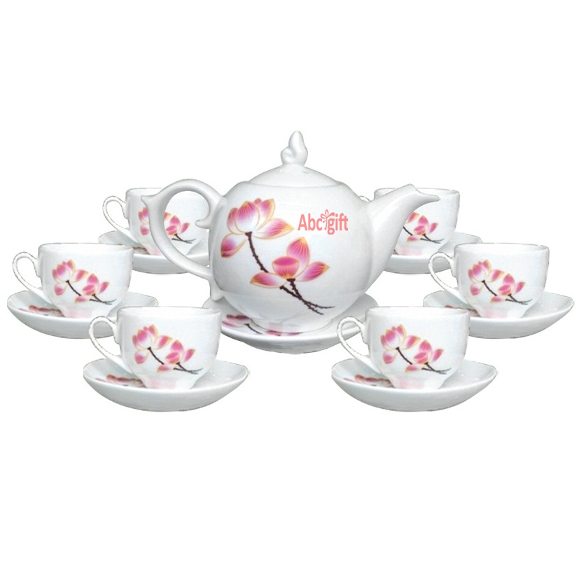 Bộ ấm trà gốm sứ họa tiết sen hồng Bát Tràng – Bộ ấm trà Bát Tràng