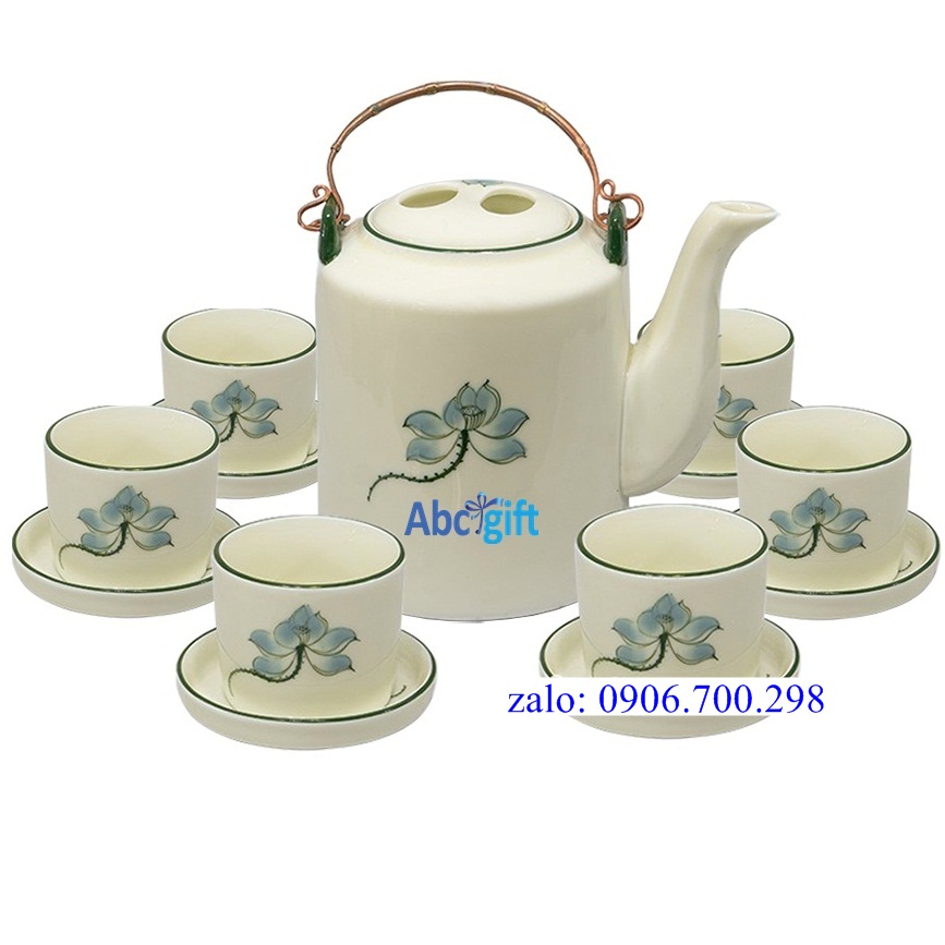 Bộ ấm trà họa tiết sen xanh Bát Tràng