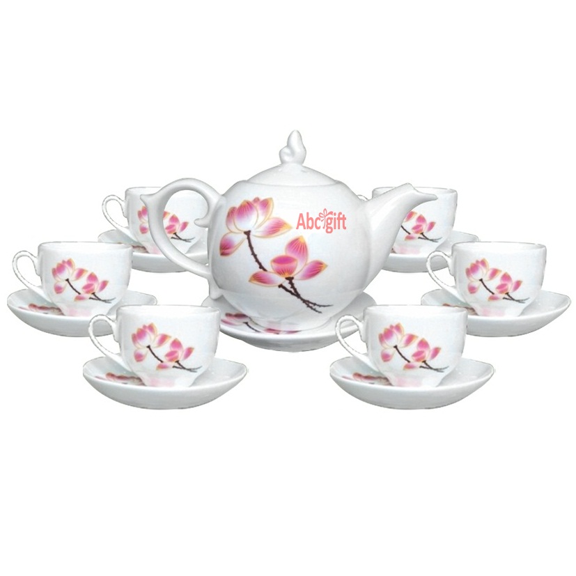 Bộ ấm trà gốm sứ hoạ tiết sen hồng